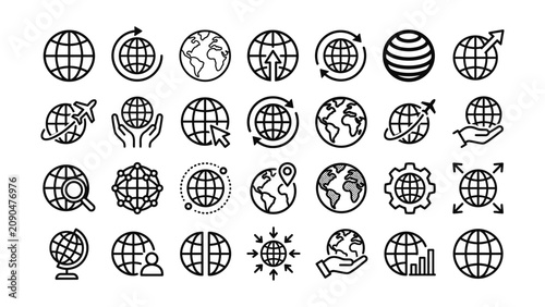 Photos Black line icons of globes and world maps in various styles and symbols