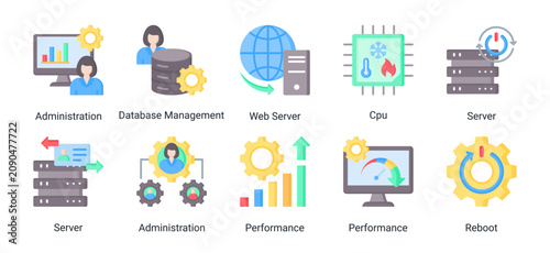 Bild auf Leinwand Server Management icon set vector illustration featuring database systems,web hosting,cpu performance,and server maintenance concepts