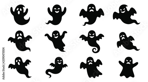 Quadro su tela Set of black silhouettes of cute ghosts