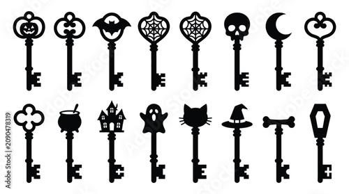 Set of halloween keys silhouettes, vintage keys with spooky elements like pumpkin, bat, spider web, skull, moon, ghost, cat, witch hat, cauldron, haunted house and coffin