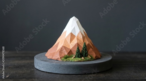 Displaying a stylized miniature mountain scene on a dark circular base