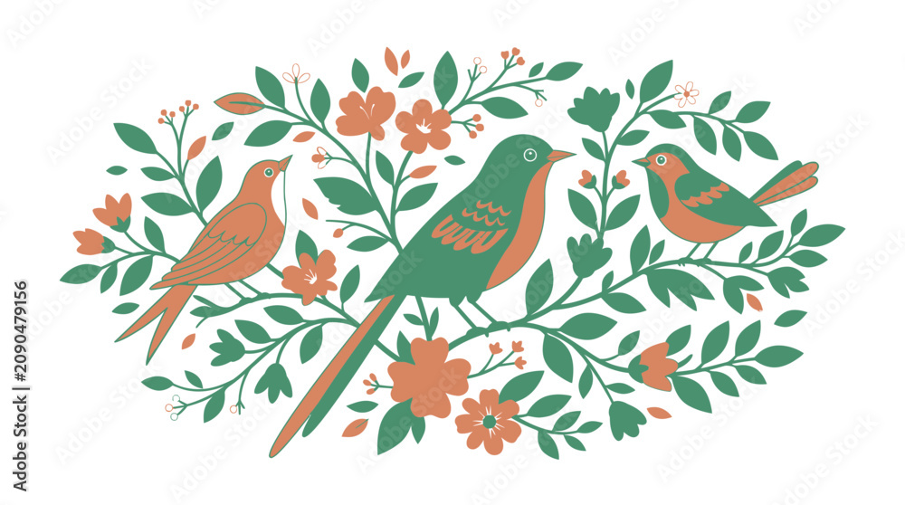 Fototapeta premium Charming illustration of three birds perched amongst blooming branches, naturalistic style