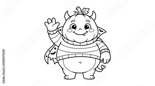Chubby cartoon dragon waving illustration for children's books and halloween designs black and white outline