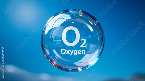 Transparent oxygen molecule sphere with o2 symbol on blue background