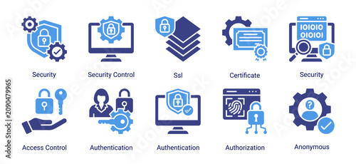 Network Security icon set vector illustration featuring authentication,authorization,ssl protection,certificate validation,and secure internet access concepts.