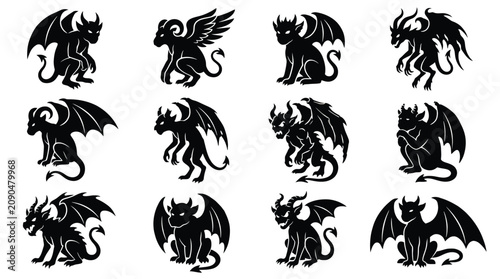 Foto Set of black silhouettes of gargoyles and demons, mythical winged creatures, vec