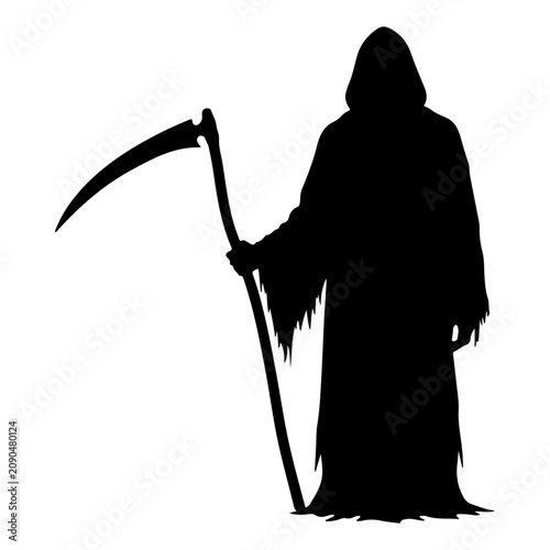 Quadro su tela Silhouette of Grim Reaper Holding Scythe in Dark.