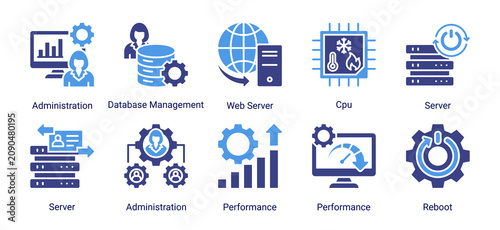 Foto Server Management icon set vector illustration featuring database systems,web hosting,cpu performance,and server maintenance concepts