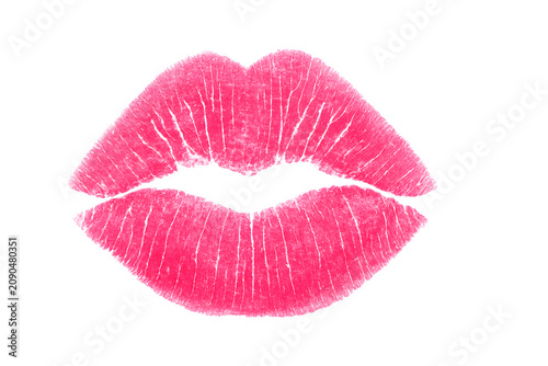 Bright pink lipstick kiss mark lips print isolated on transparent background