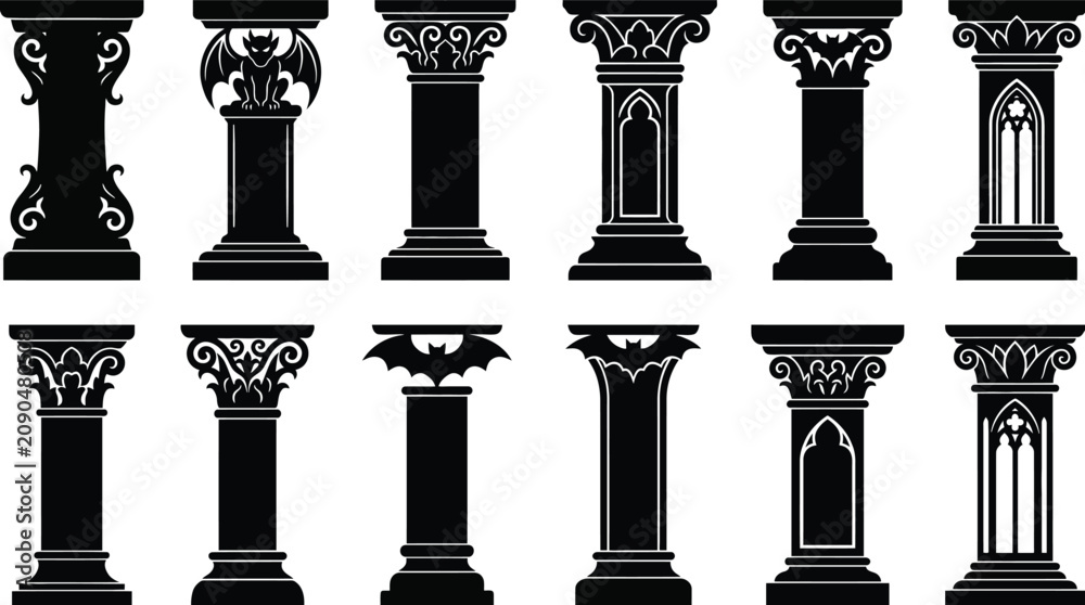Obraz premium Set of gothic columns, pillars with gargoyle, bat and architectural elements