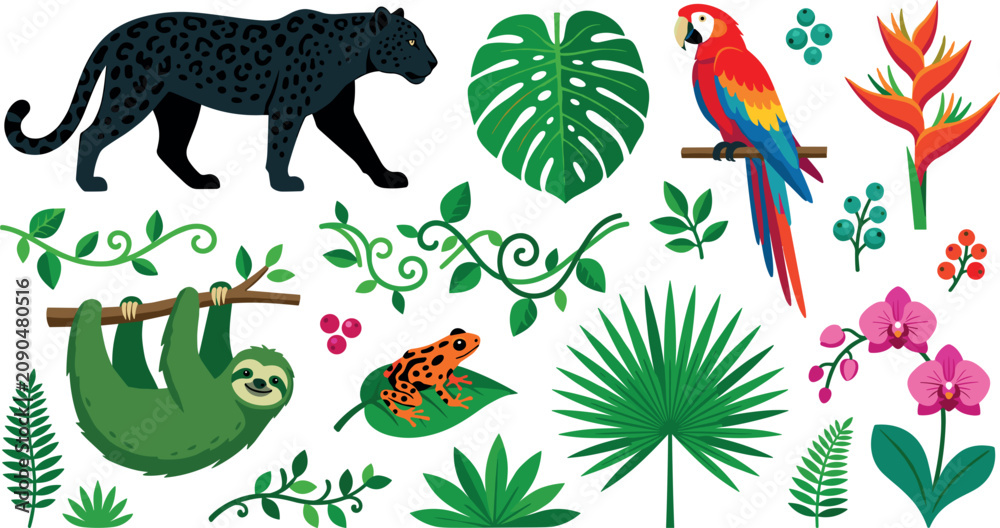 Fototapeta premium Tropical Rainforest Vector Element Set featuring Jaguar, Sloth, Scarlet Macaw, Poison Dart Frog, Monstera Leaves, and Exotic Jungle Flowers for Creative Graphic Designs