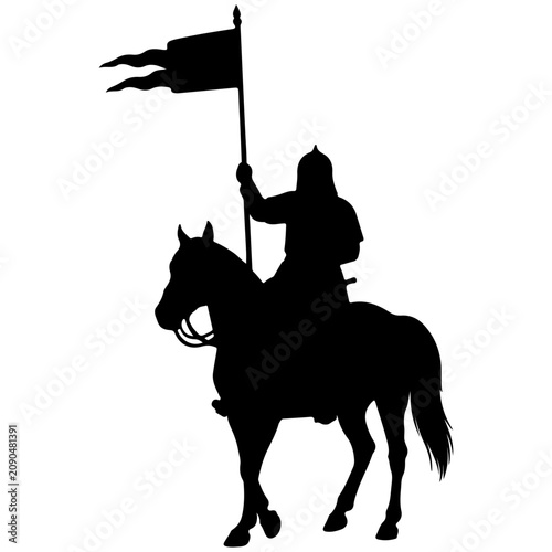 Bilde på lerret Silhouette of Knight on Horseback Holding Flag.