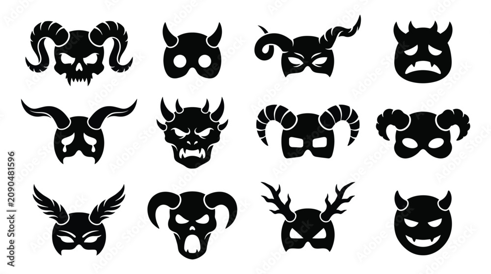 Obraz premium Set of devil masks, horned demon faces, scary carnival masquerade icons vector illustration of evil spirits, monsters, and mythical creatures for halloween party design elements