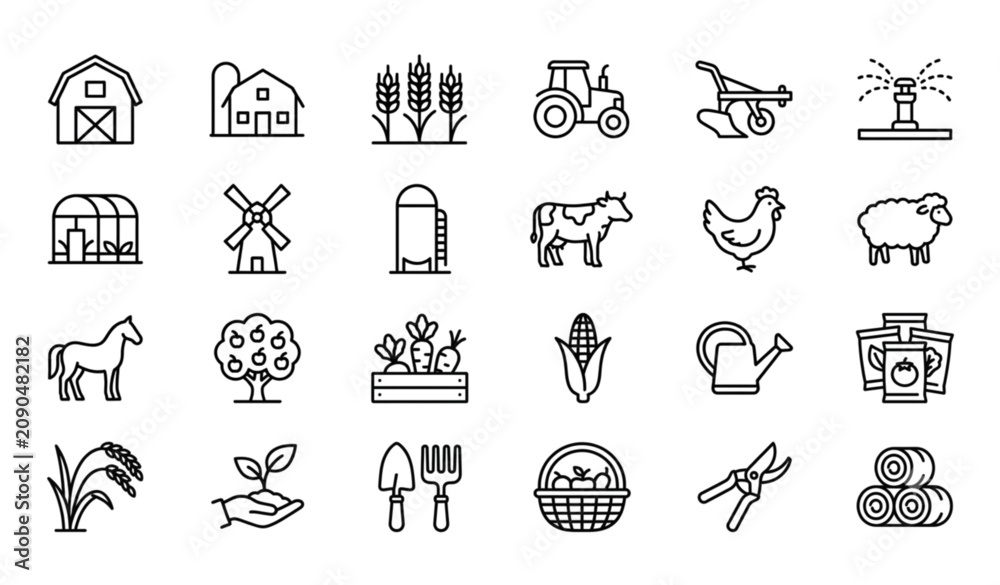 Obraz premium Agriculture and Farm Outline Icons Vector Pack