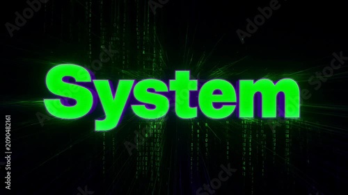 System Text with Digital Glitch Effect and Matrix Code Background