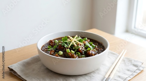 Bowl of delicious black bean soup with fresh green garnish on a wooden table. manchurianw