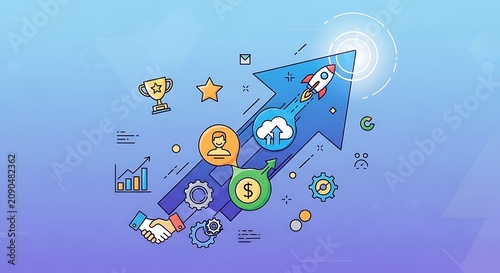 Digital workspace with productivity and technology icons.