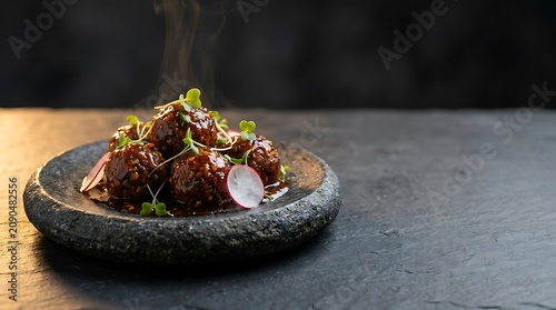 Gourmet roasted beet salad served on a rustic stone plate. manchurianw