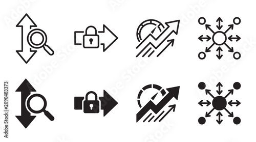 Business process and strategic analysis icon set for growth and navigation with business analysis strategy magnifying