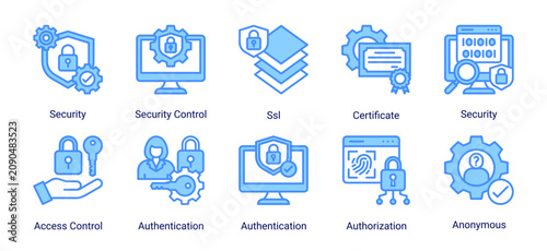 Network Security icon set vector illustration featuring authentication,authorization,ssl protection,certificate validation,and secure internet access concepts.