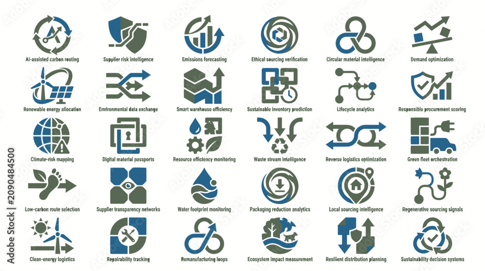 Fototapeta premium Sustainable Logistics and Green Energy Business Icon Set