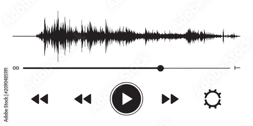 Принти на полотні Detailed audio waveform and multimedia player interface with playback controls rewind fast forward play pause and settings