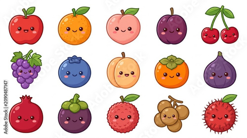 Kawaii fruit characters smiling faces various fruits