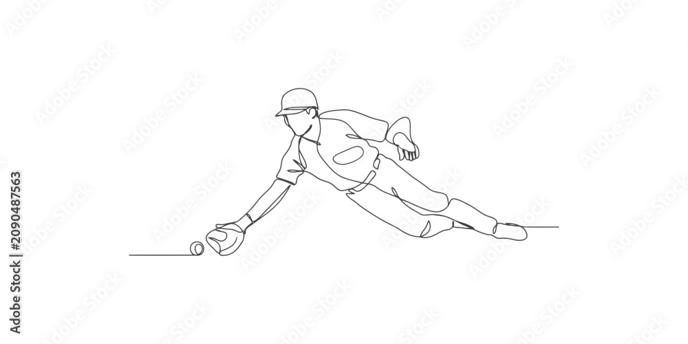 Obraz premium Continuous single line drawing of a baseball player sliding to catch a ball with a glove during a game