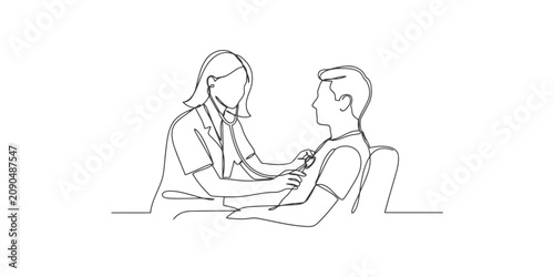 Konstfotografi Continuous single line drawing of a female doctor using a stethoscope to examine