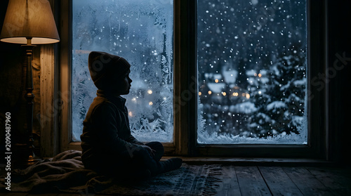 A child sits by a lit lamp gazing out a snowy window at night.