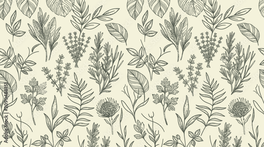 Fototapeta premium Detailed illustration of various botanical plants.