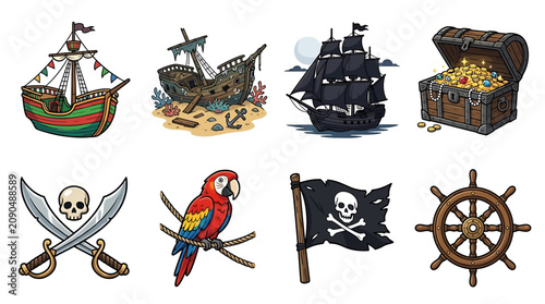 Canvastavla Pirate ship treasure icons symbols.