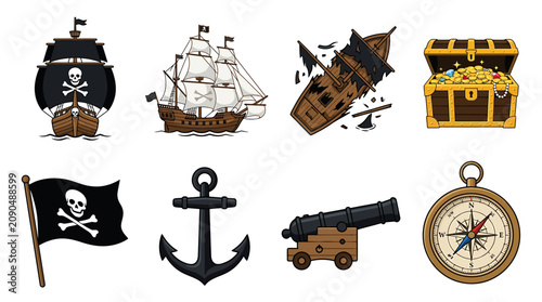 Foto Pirate symbols and treasure icons set 1.