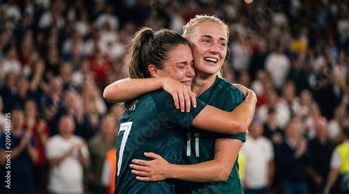 Two emotional female soccer players hugging and crying on the field celebrating a victory