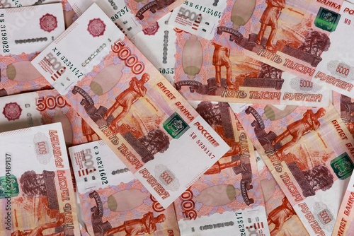 Flat lay of Russian five thousand ruble banknotes