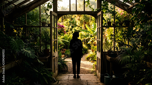 A person enters a lush greenhouse filled with plants and flowers.
