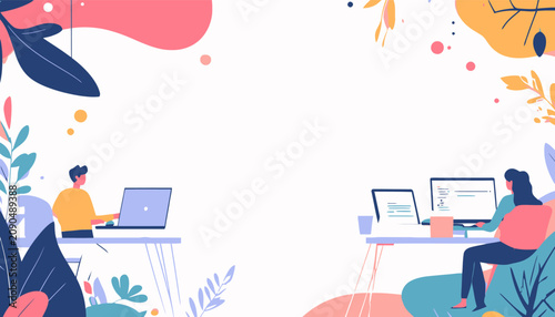 People working on laptops in modern office setting illustration.