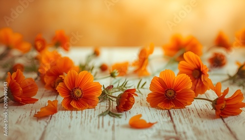 Orange Cosmos Flowers Flat Lay on Distressed White Wooden Table with Romantic Vintage Style and Soft Floral Background