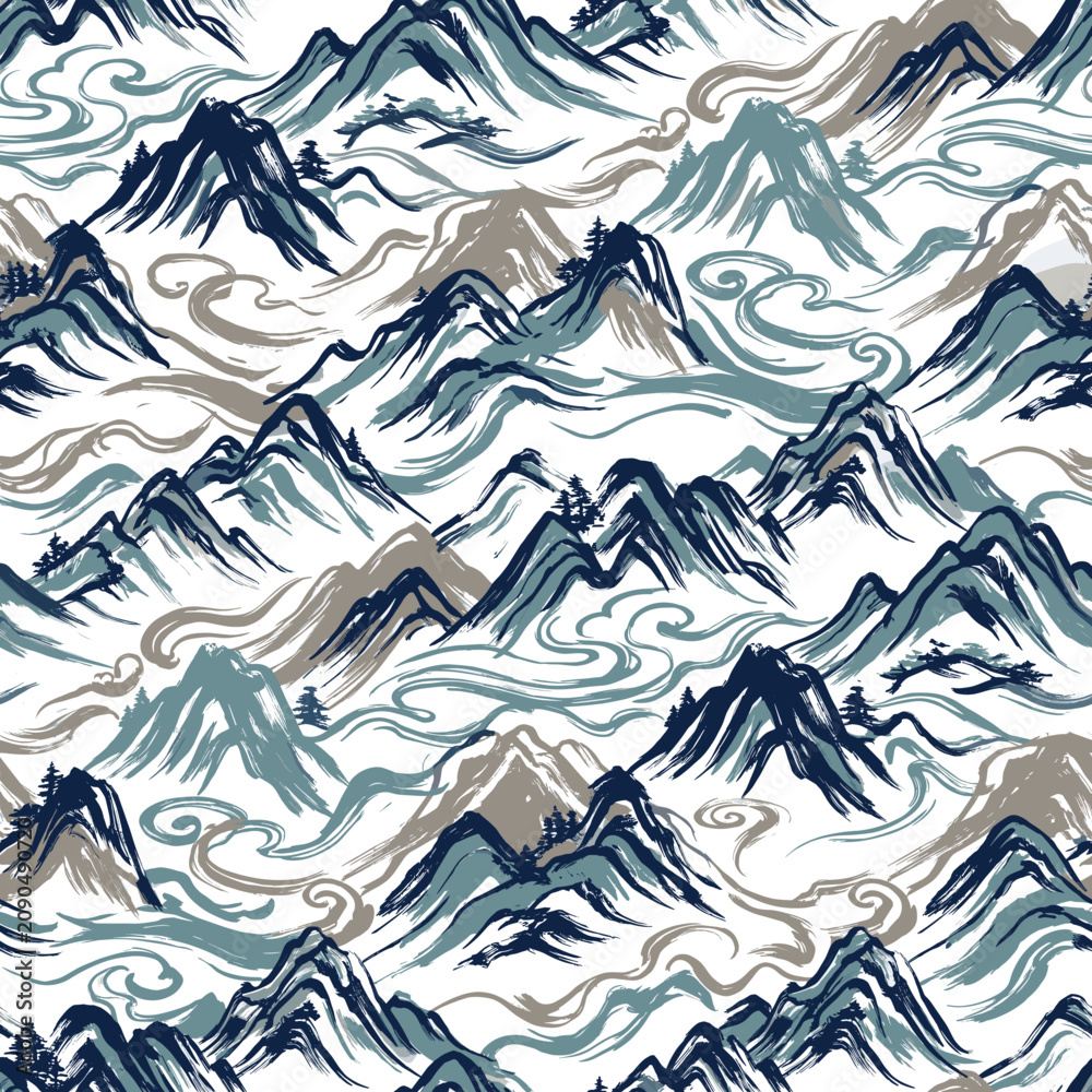 Fototapeta premium Mountains rise through misty clouds in a seamless landscape illustration rendered with traditional brushwork.