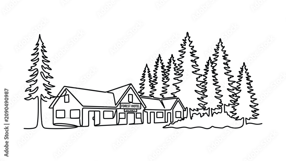 Obraz premium Continuous line drawing of a wooden cabin in a forest.
