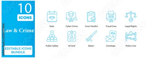 Law and Crime Editable Gradient Icons Bundle | Justice, Legal & Security Vector Pack
