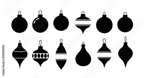 Fotografi Black christmas ornaments on white background with ornaments various shapes shap