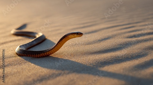 A sleek brown snake slithering across the dry textured golden sand during the late afternoon light