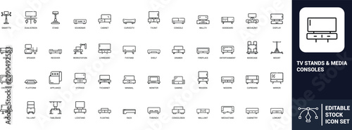 Fotografie TV stands media consoles line art icons set smart tv, tv unit, cabinet, soundbar