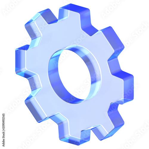 Glassmorphism icon featuring transparent industrial gear wheel with blue edges for settings