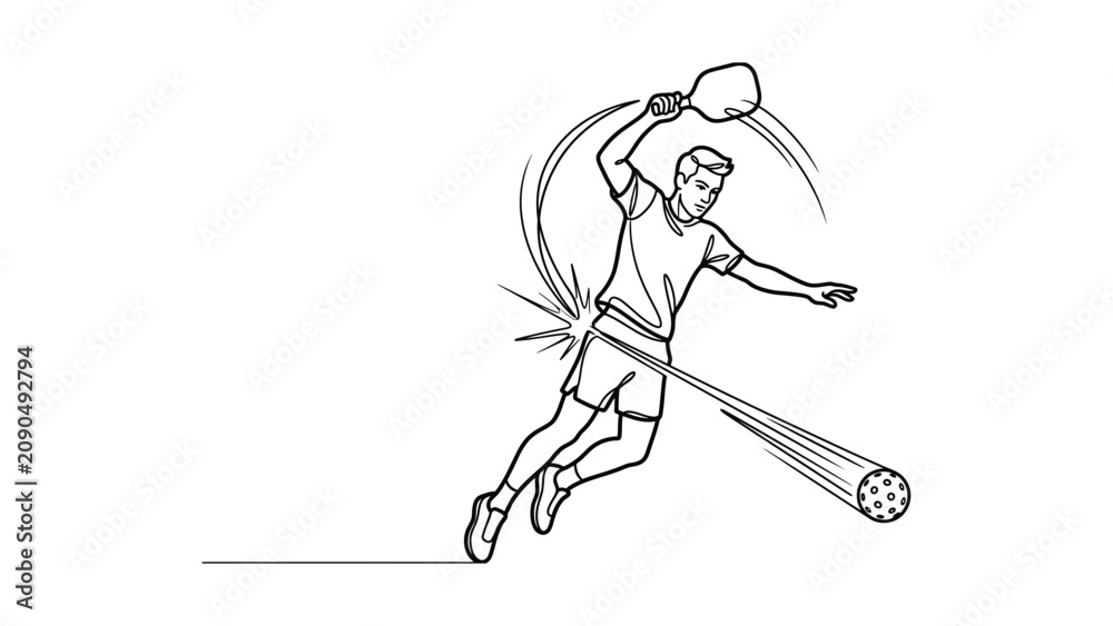 Fototapeta premium Continuous line drawing of a male pickleball player hitting a ball with a paddle.