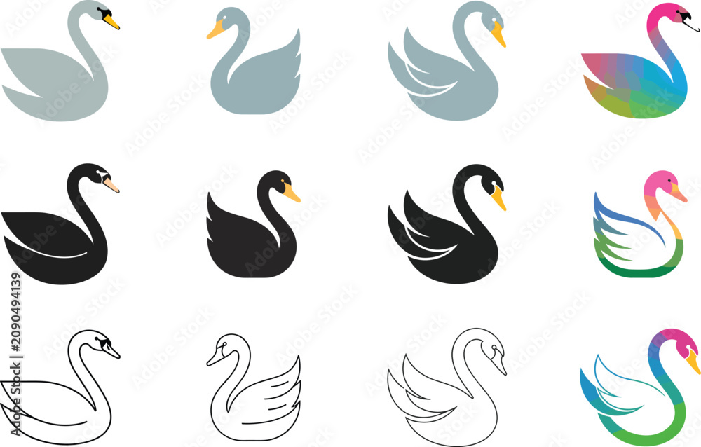 Fototapeta premium Swan vector icon set with black silhouette line art and colorful gradient logo designs isolated on white background