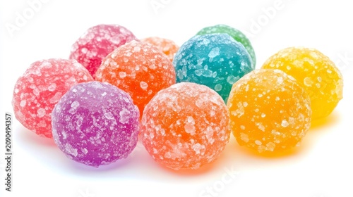 Colorful, round candies with sugar crystals, isolated on white.