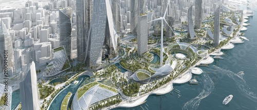 Futuristic Cityscape with Skyscrapers, Green Spaces, and Waterfront Development.