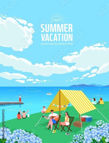 Summer Beach Camping Landscape With Tent And Blue Ocean View
